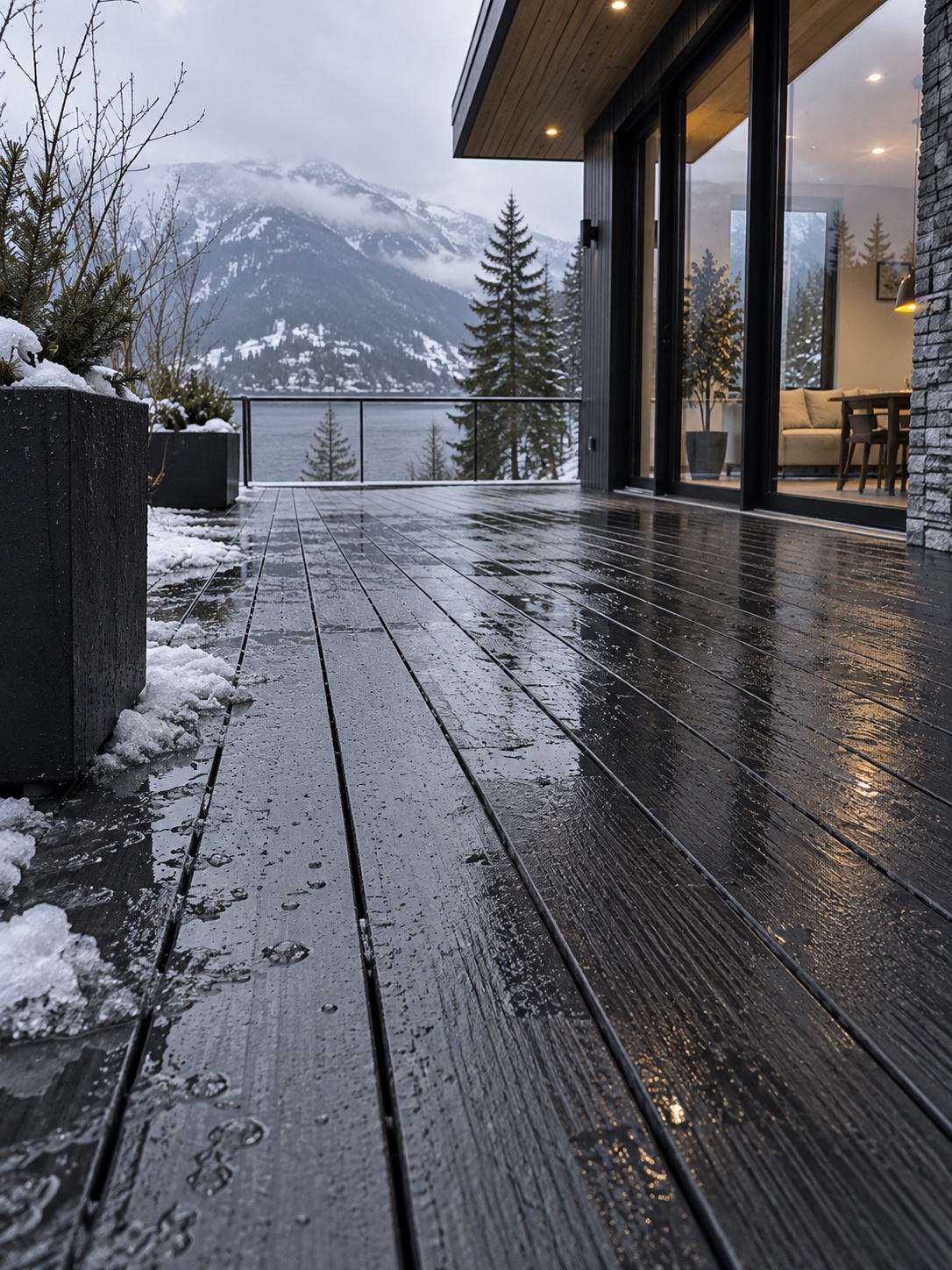 Composite Deck Drainage During Snowmelt Dark composite deck draining rain and melting snow | Sky Rye Design Dark composite deck draining rain and melting snow