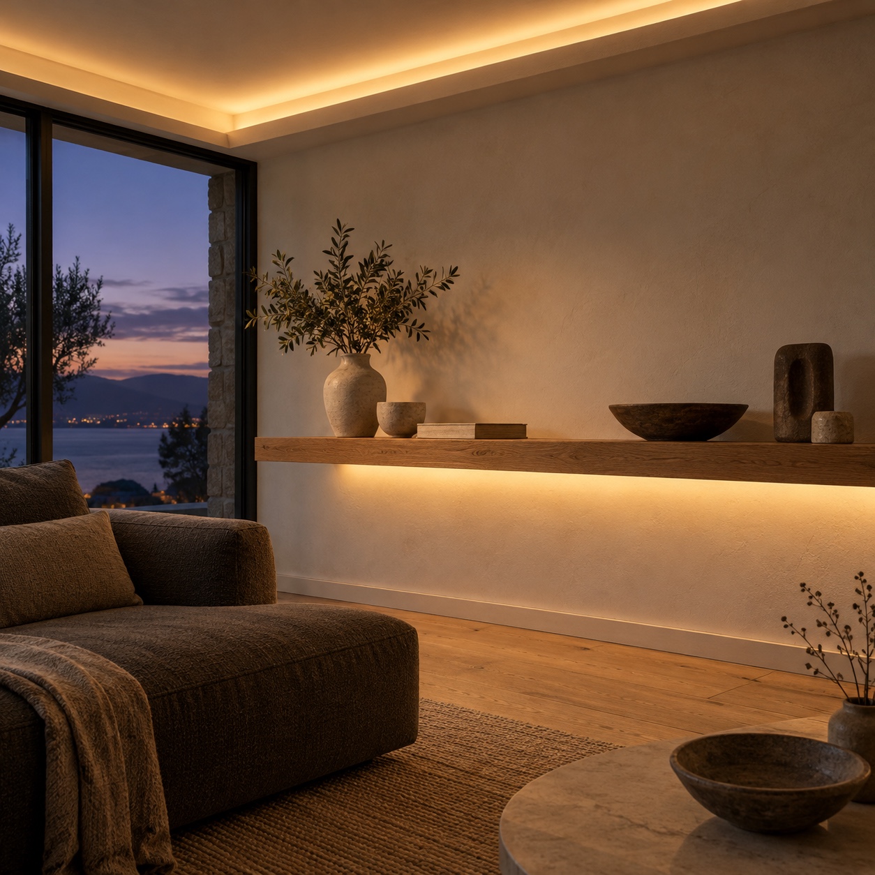 Soft concealed lighting in a ceiling cove and beneath a floating oak shelf at dusk