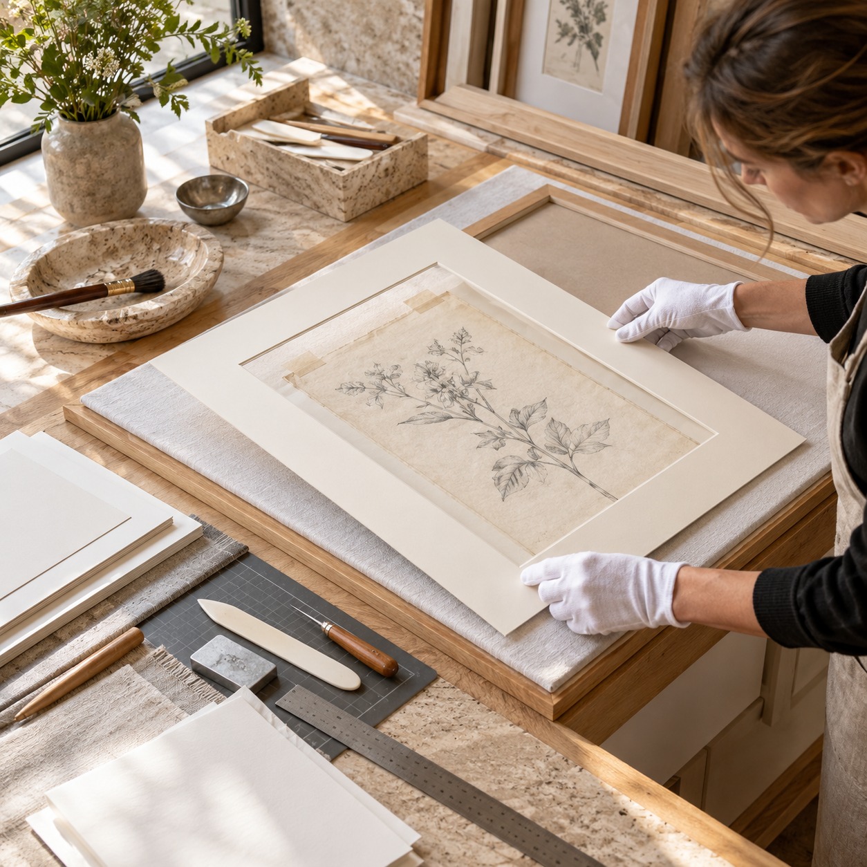 Original drawing prepared with acid-free mat board, reversible hinges and cotton gloves