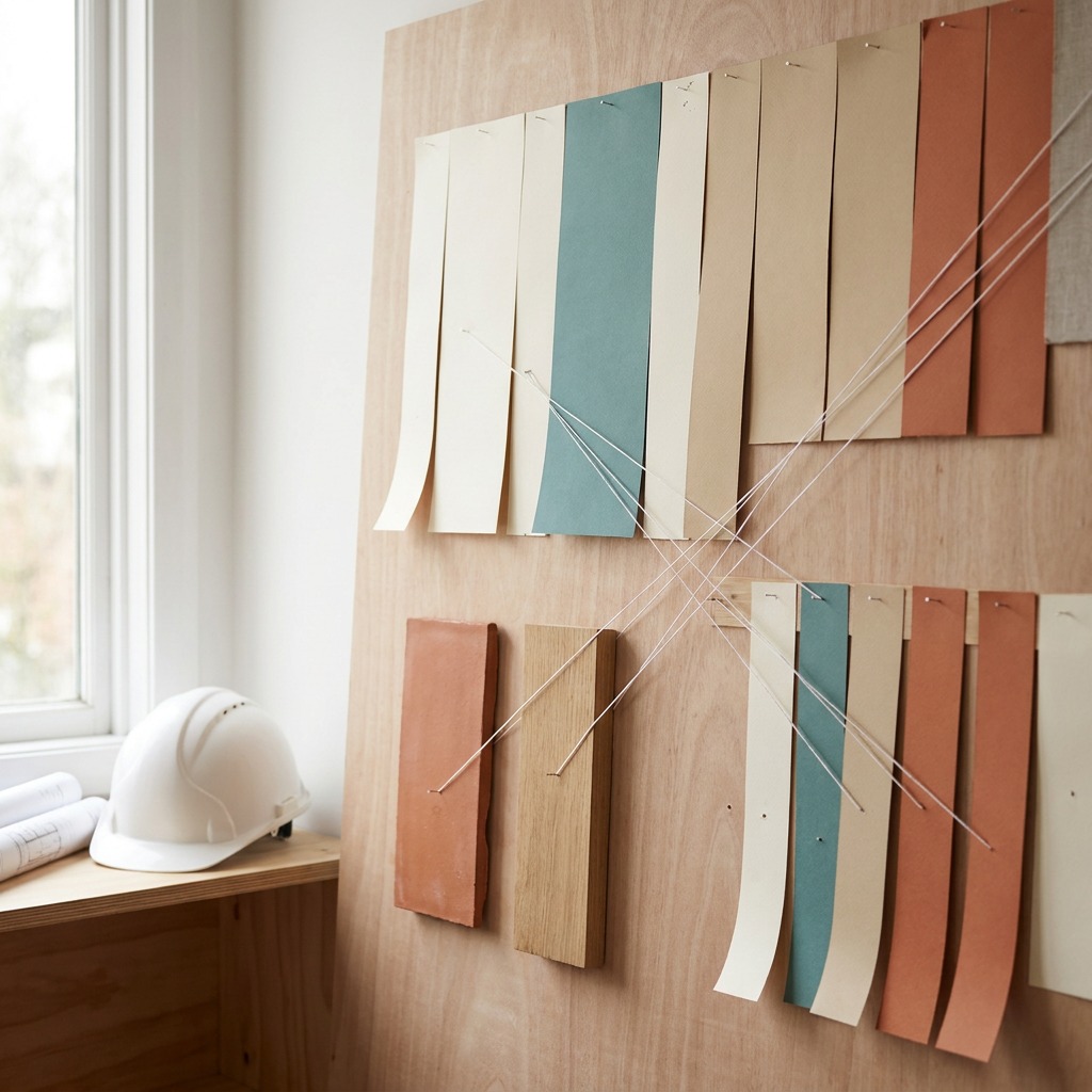 A Programme Built Around Decisions Site office wall with a hand-built programme of coloured paper strips linked by threads, alongside pinned tile and timber samples awaiting selection | Sky Rye Design Site office wall with a hand-built programme of coloured paper strips linked by threads, alongside pinned tile and timber samples awaiting selection