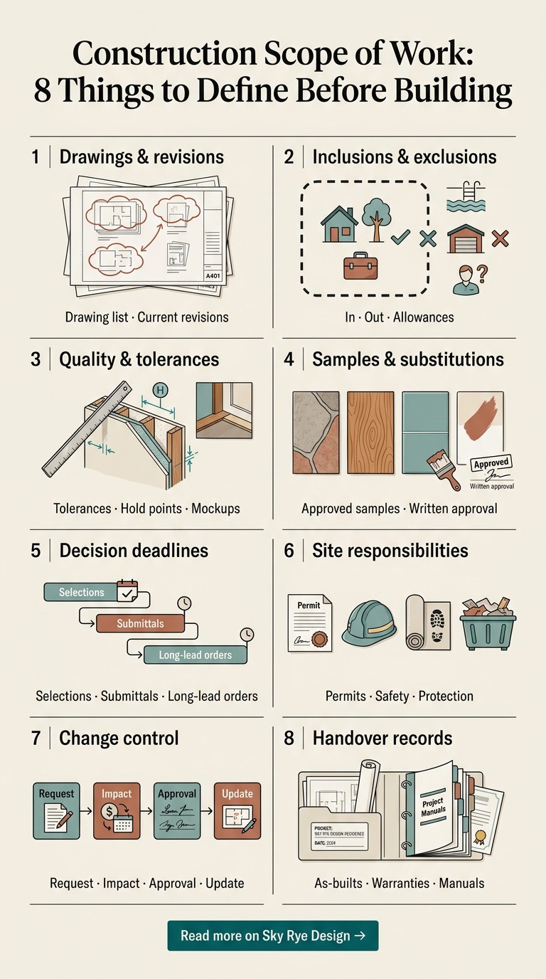 Construction Scope of Work 8 Things to Define Before Building Vertical infographic on a warm ivory background showing eight illustrated steps for defining a construction scope of work, from drawings and revisions to handover records | Sky Rye Design Vertical infographic on a warm ivory background showing eight illustrated steps for defining a construction scope of work, from drawings and revisions to handover records
