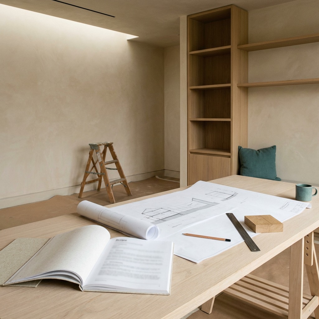 From Drawings to the Built Interior Architectural drawings and a bound scope document on a timber trestle table inside a nearly finished interior with oak joinery, limewash walls and soft daylight | Sky Rye Design Architectural drawings and a bound scope document on a timber trestle table inside a nearly finished interior with oak joinery, limewash walls and soft daylight