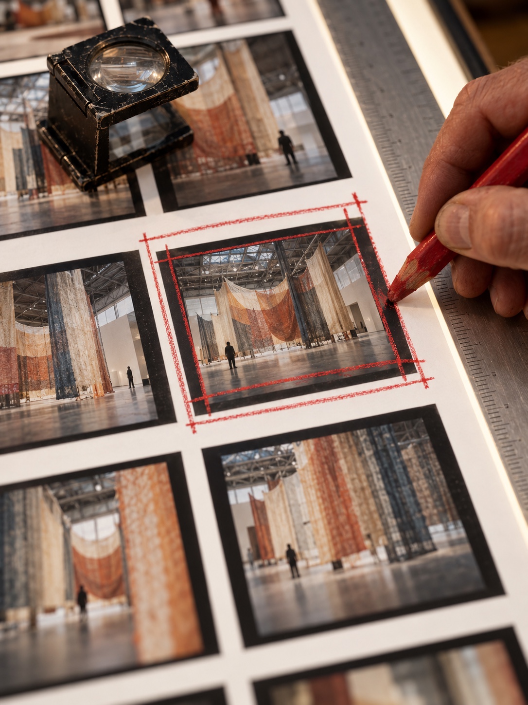 Three crops on one contact sheet Hand marks square, vertical and horizontal crop frames in red grease pencil on a contact sheet of installation photos, beside a loupe | Sky Rye Design Hand marks square, vertical and horizontal crop frames in red grease pencil on a contact sheet of installation photos, beside a loupe