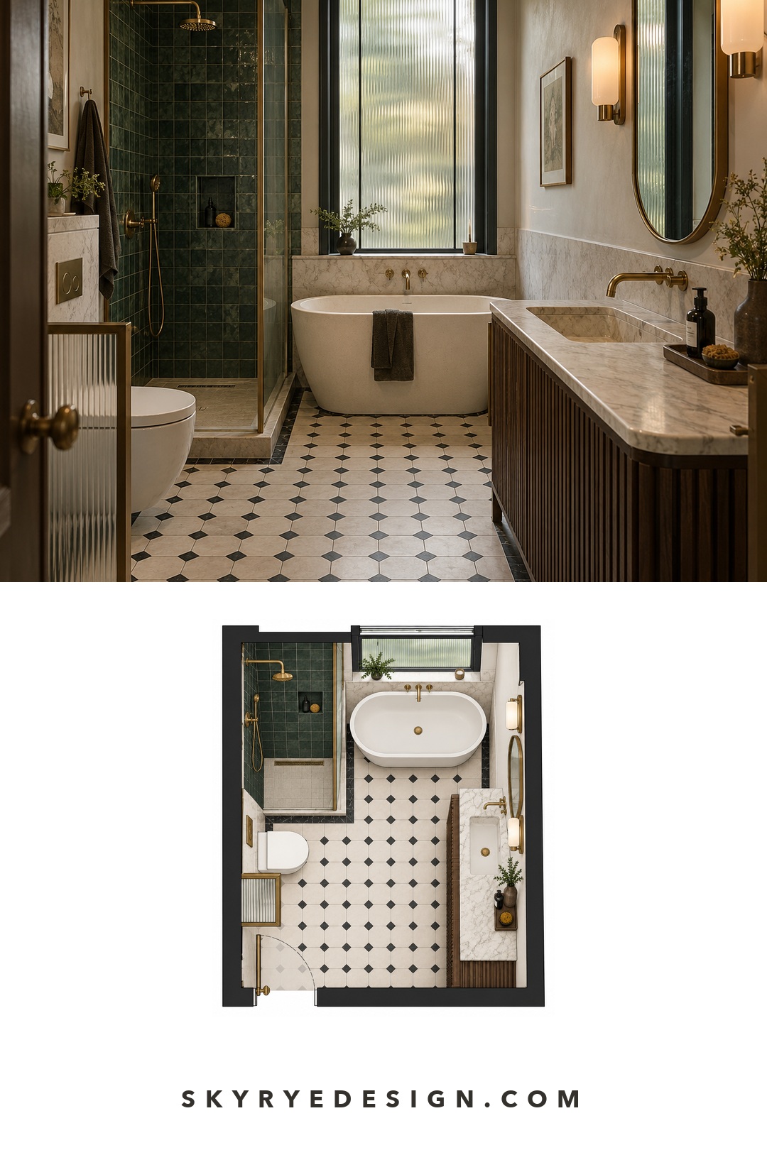 Contemporary Art Deco Bathroom Interior Plan Contemporary Art Deco bathroom photograph paired with a top-down floor plan showing the walnut vanity, tub, green shower, toilet, and entry | Sky Rye Design Contemporary Art Deco bathroom photograph paired with a top-down floor plan showing the walnut vanity, tub, green shower, toilet, and entry