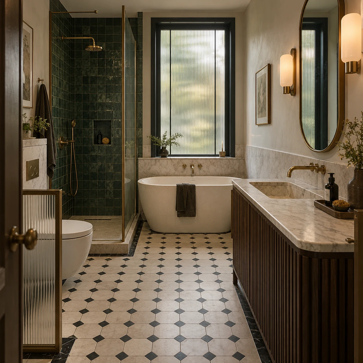 Contemporary Art Deco Bathroom Interior Contemporary Art Deco bathroom with fluted walnut vanity, green tiled shower, freestanding tub, and brass details | Sky Rye Design Contemporary Art Deco bathroom with fluted walnut vanity, green tiled shower, freestanding tub, and brass details