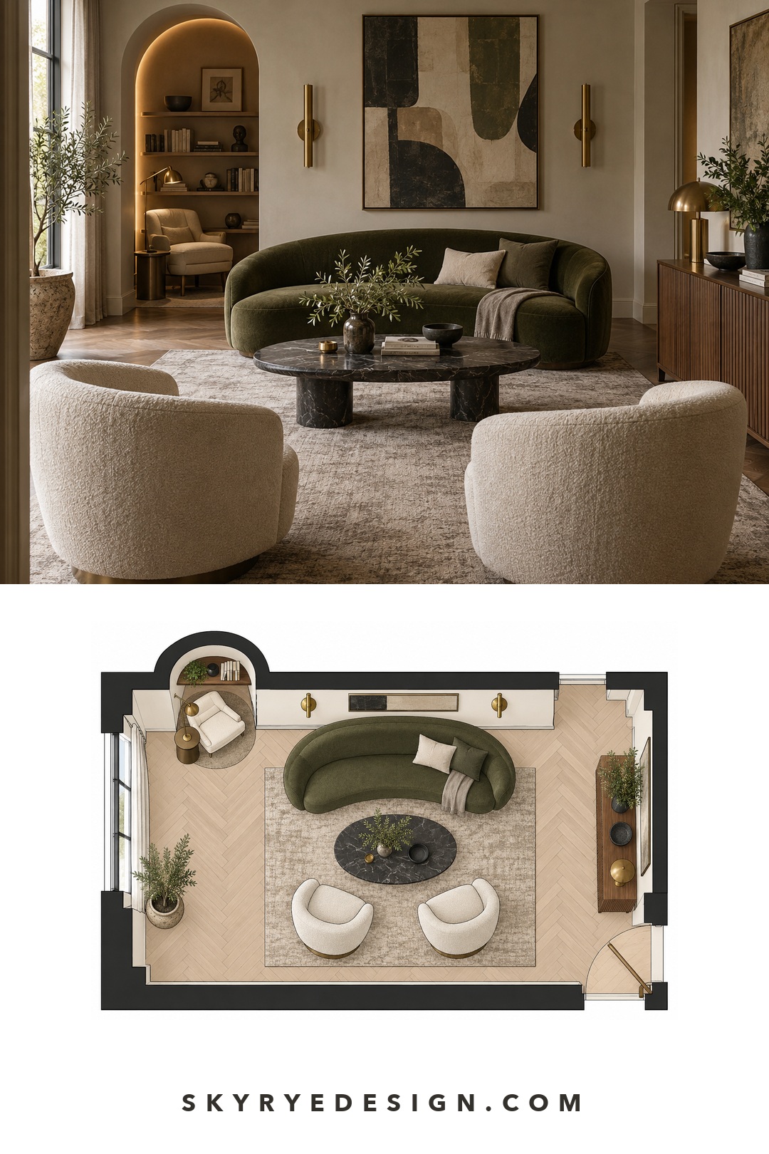 Contemporary Art Deco living room photo paired with a top-down curved furniture plan