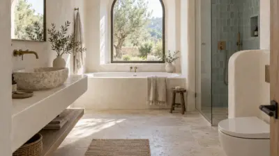 Contemporary Mediterranean bathroom with lime plaster, stone basin, built-in tub, and blue tiled shower