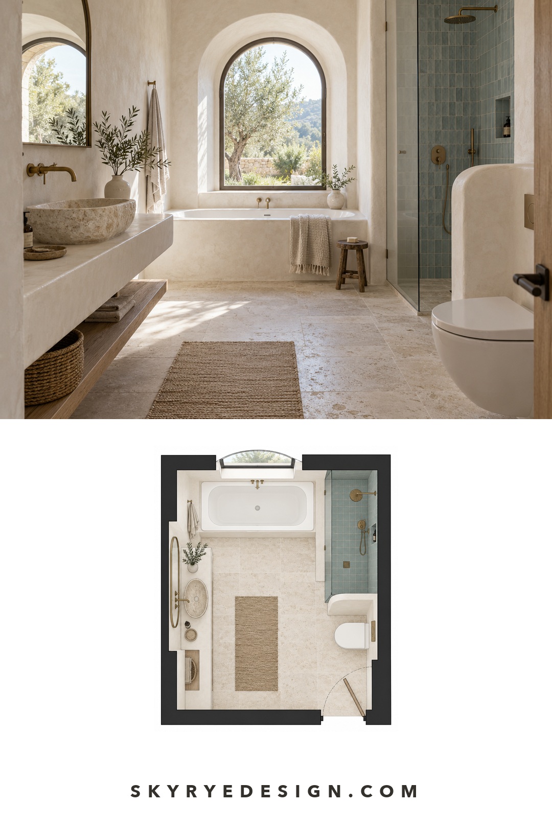 Contemporary Mediterranean Bathroom Interior Plan Contemporary Mediterranean bathroom photograph paired with a top-down floor plan showing the stone vanity, built-in tub, shower, toilet, and entry | Sky Rye Design Contemporary Mediterranean bathroom photograph paired with a top-down floor plan showing the stone vanity, built-in tub, shower, toilet, and entry
