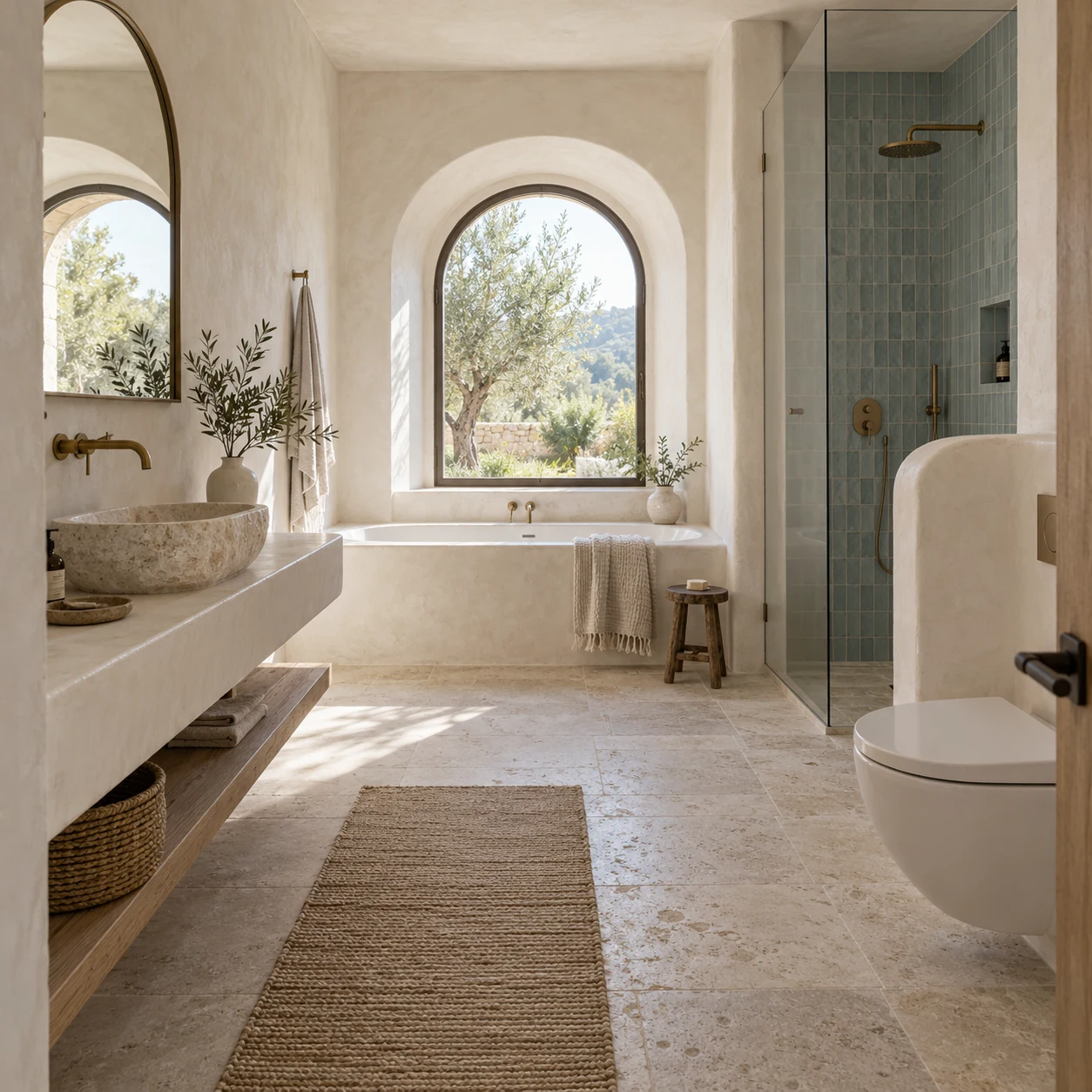 Contemporary Mediterranean Bathroom Interior Contemporary Mediterranean bathroom with lime plaster, stone basin, built-in tub, and blue tiled shower | Sky Rye Design Contemporary Mediterranean bathroom with lime plaster, stone basin, built-in tub, and blue tiled shower
