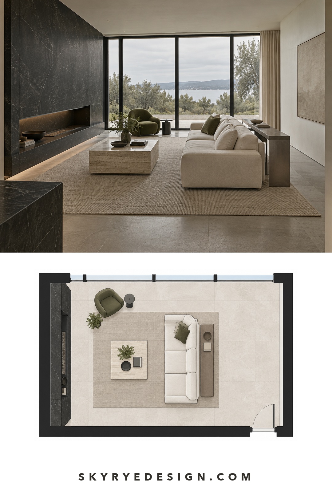Contemporary minimal living room photo paired with a top-down floor plan