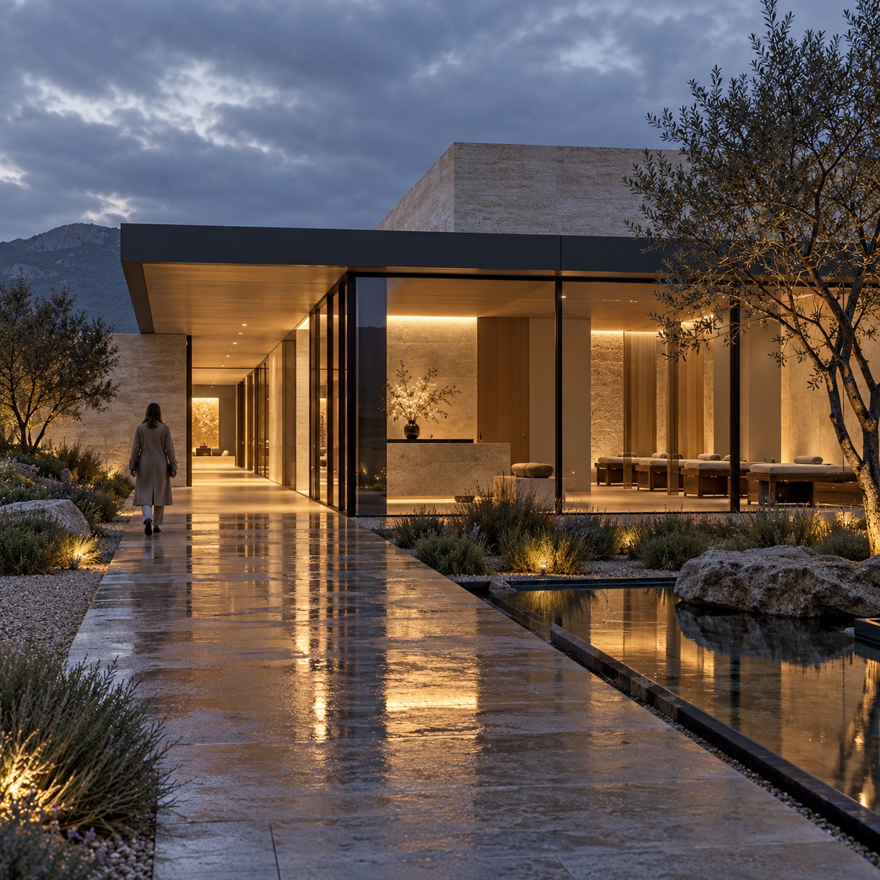 Contemporary spa pavilion exterior Contemporary limestone spa pavilion with warm interior light and planted path | Sky Rye Design Contemporary limestone spa pavilion with warm interior light and planted path