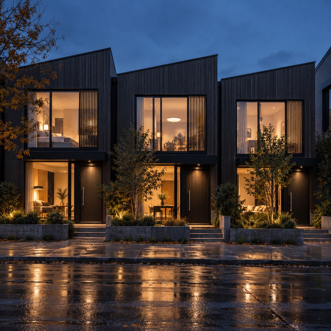 Contemporary townhouses dusk Three contemporary timber-clad townhouses with warm windows at dusk | Sky Rye Design Three contemporary timber-clad townhouses with warm windows at dusk