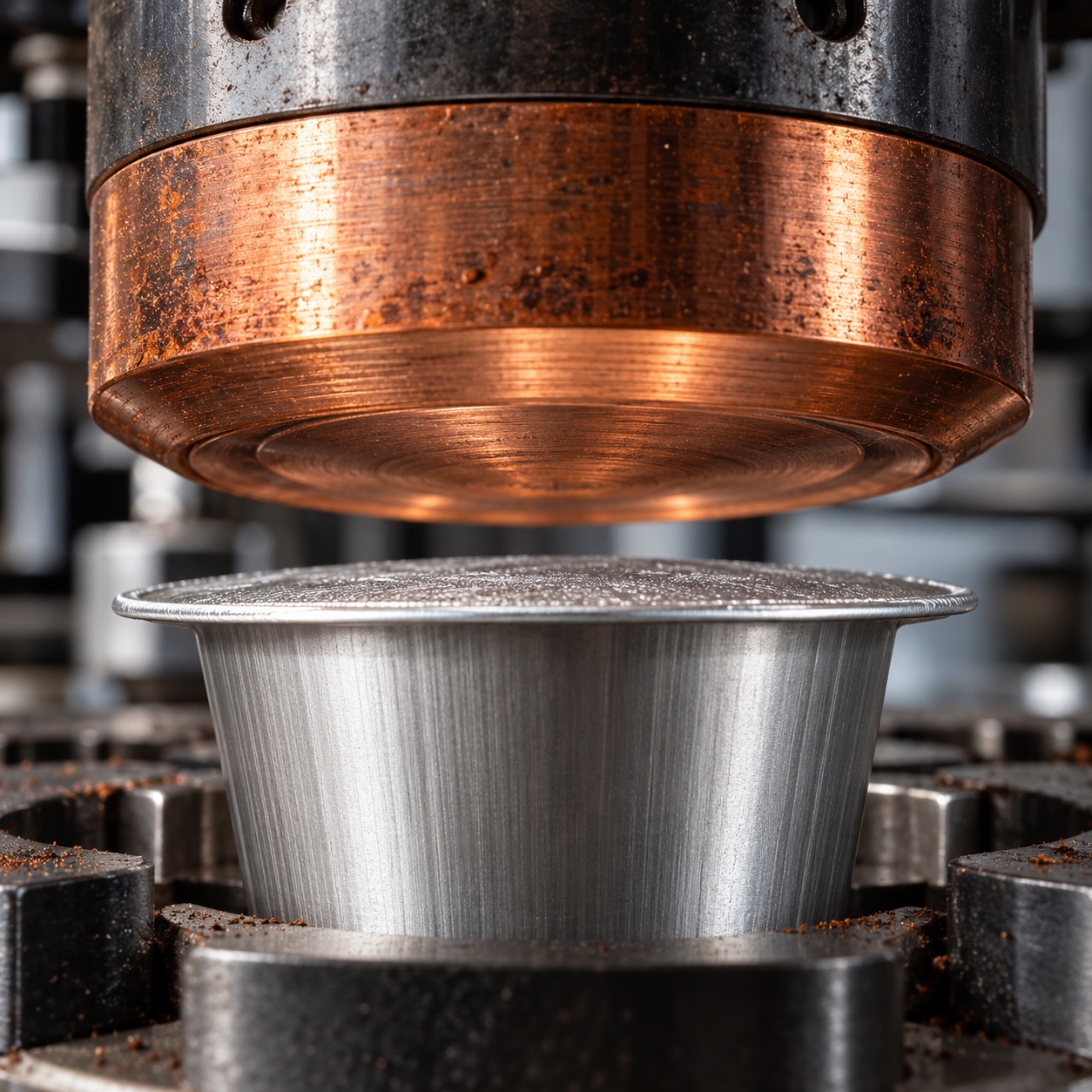 Copper capsule sealing head Copper sealing head positioned above a coffee capsule rim | Sky Rye Design Copper sealing head positioned above a coffee capsule rim