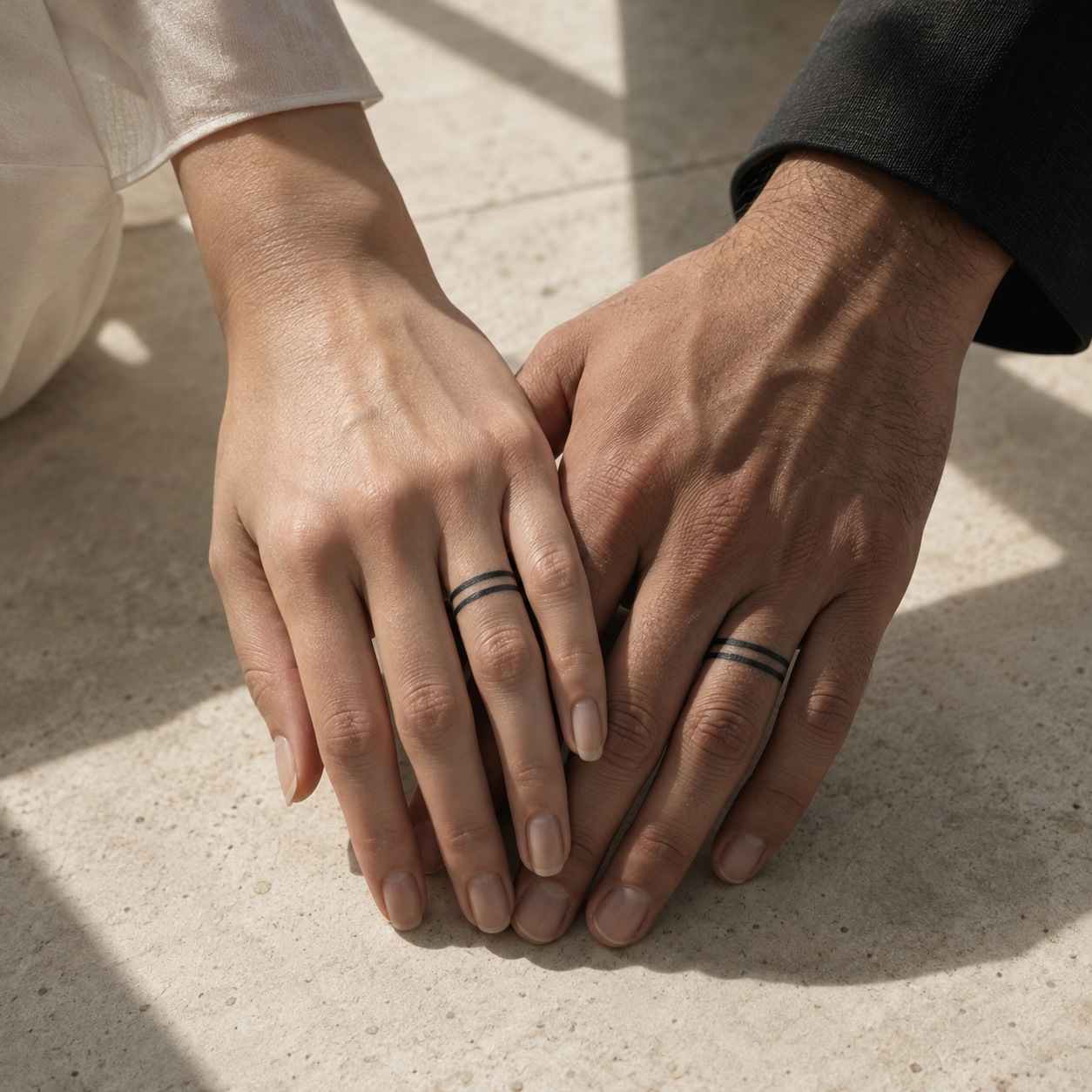 Two aligned hands with bold black wedding band tattoos meeting across the join