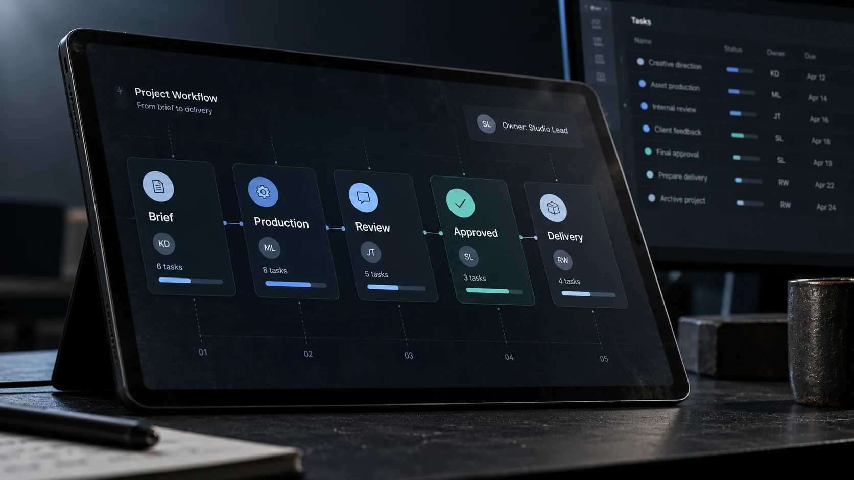 Creative project workflow from brief and production through review, approval, and delivery