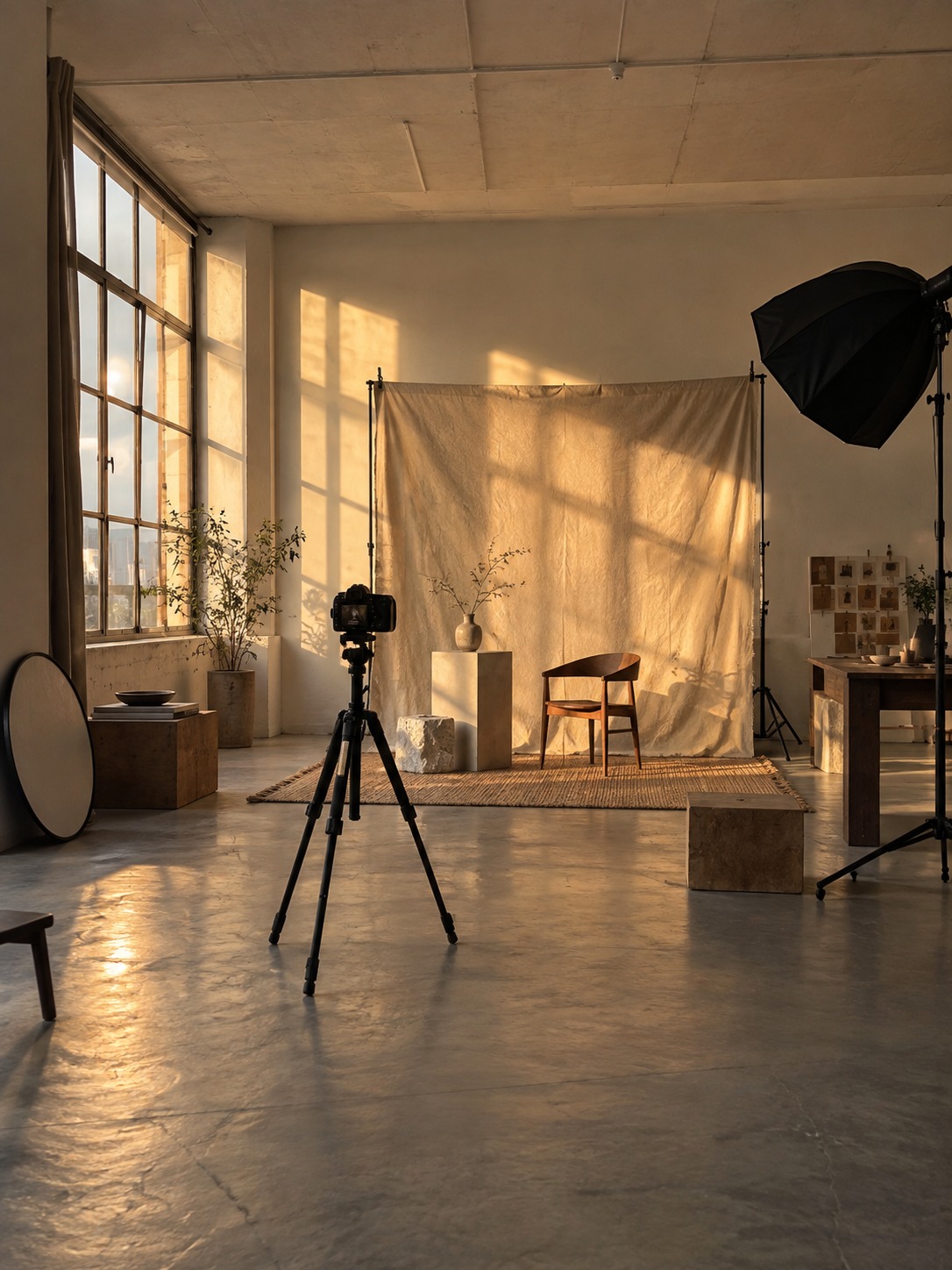 Creative studio prepared for a video shoot Camera on a tripod facing a styled creative studio set at golden hour | Sky Rye Design Camera on a tripod facing a styled creative studio set at golden hour