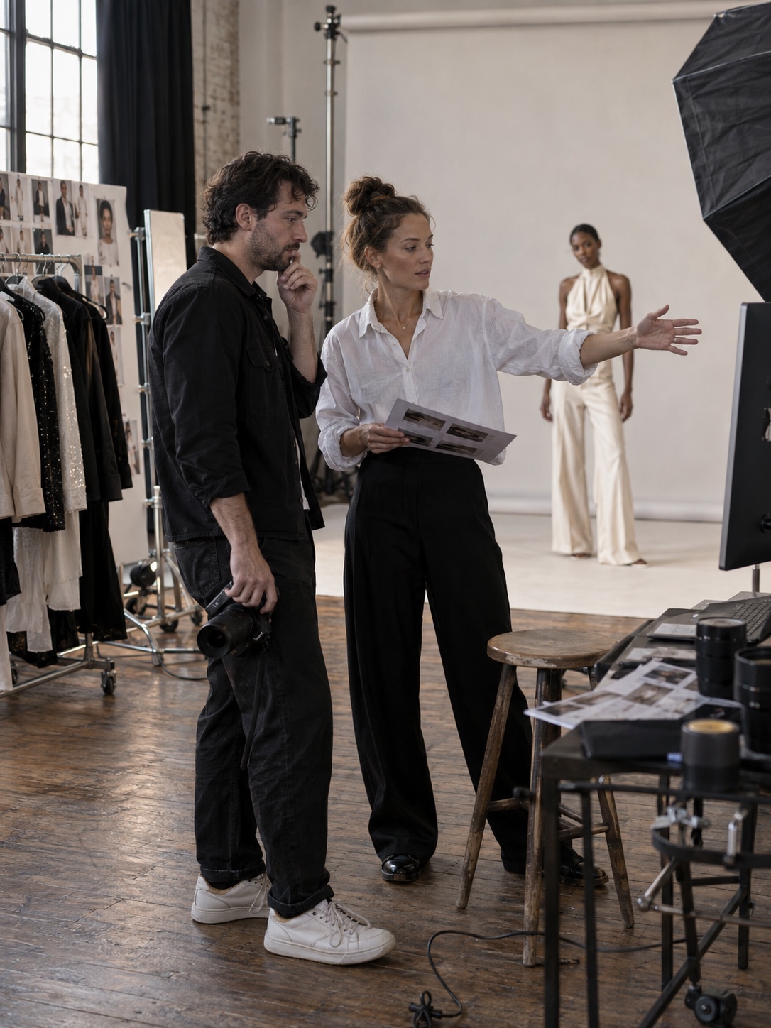 Creative team collaborating on a fashion shoot Two creatives collaborating on a styled fashion photoshoot set | Sky Rye Design Two creatives collaborating on a styled fashion photoshoot set