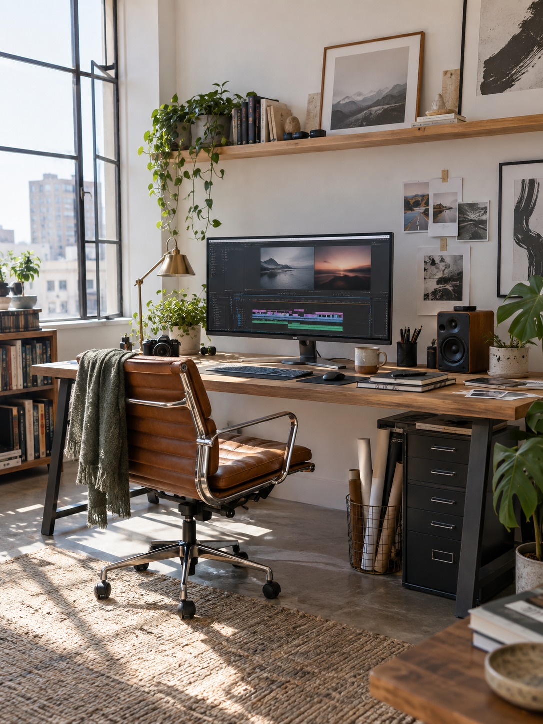 Creative workspace with a video timeline Modern creative workspace with a video timeline open on a large monitor | Sky Rye Design Modern creative workspace with a video timeline open on a large monitor