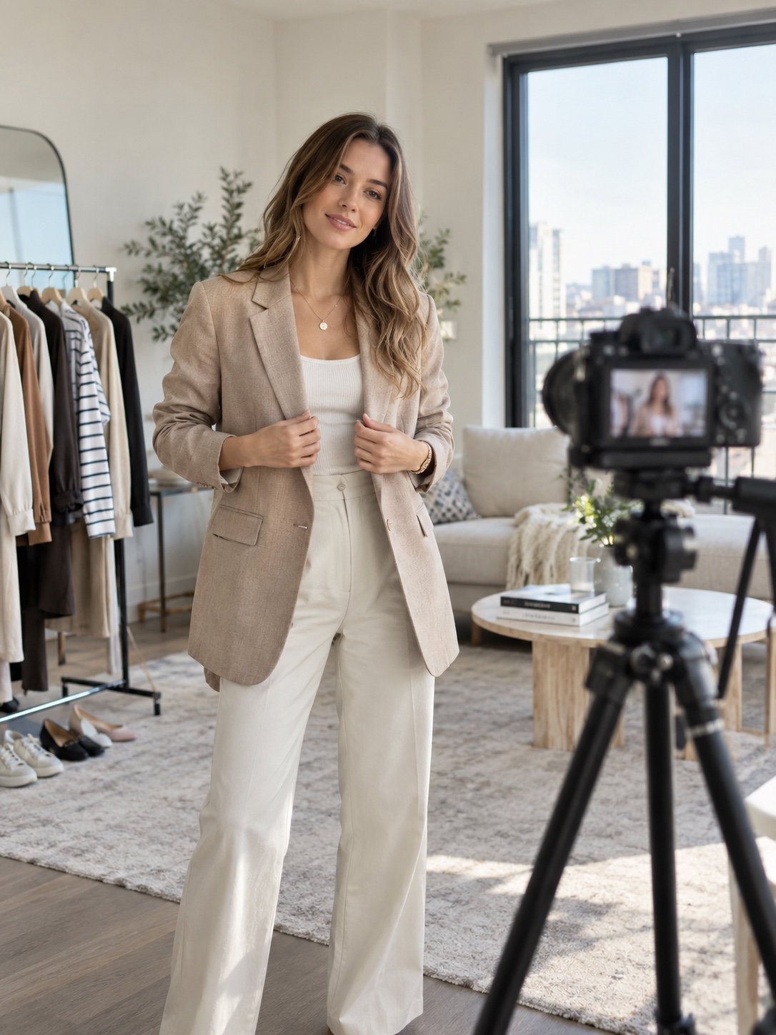 Creator filming a styling video Content creator filming a fashion styling video in a bright modern apartment | Sky Rye Design Content creator filming a fashion styling video in a bright modern apartment