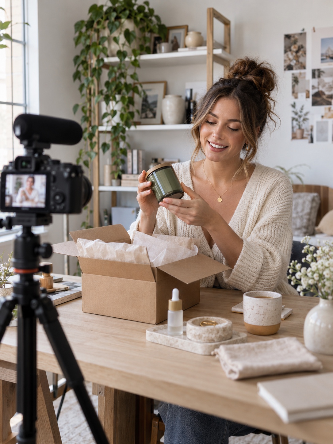 Creator recording a product unboxing video Content creator recording an unboxing video with products arranged on a clean desk | Sky Rye Design Content creator recording an unboxing video with products arranged on a clean desk