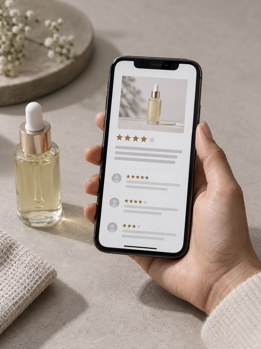 Creator reviewing a beauty product Hand holding a phone with a beauty product review beside a minimalist product setup | Sky Rye Design Hand holding a phone with a beauty product review beside a minimalist product setup