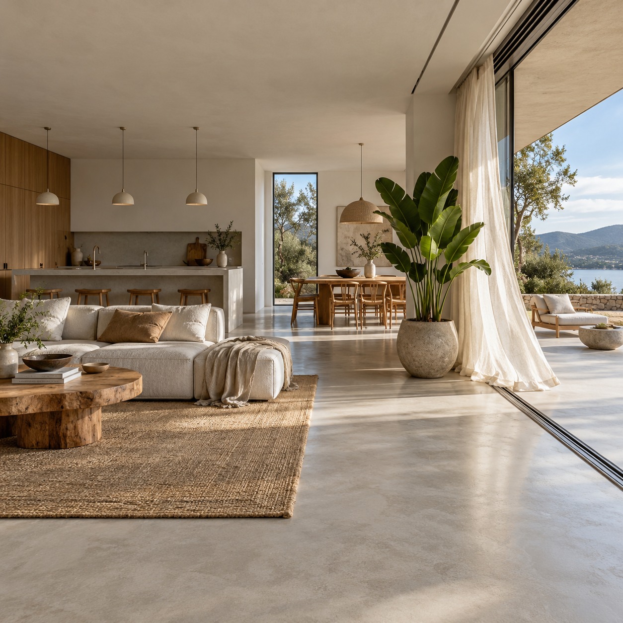 Cross ventilation open plan home Open sliding glass doors connect a contemporary living space to a terrace. | Sky Rye Design Open sliding glass doors connect a contemporary living space to a terrace.