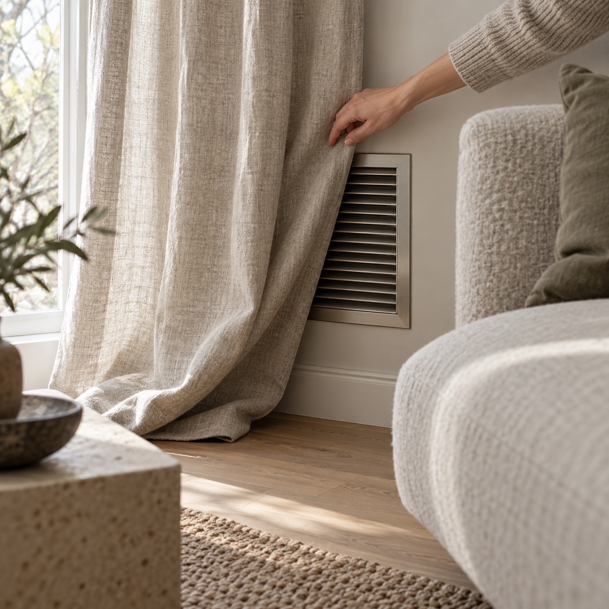 Curtain Blocking a Supply Vent Heavy linen curtain pressed against a wall supply vent beside a sofa | Sky Rye Design Heavy linen curtain pressed against a wall supply vent beside a sofa