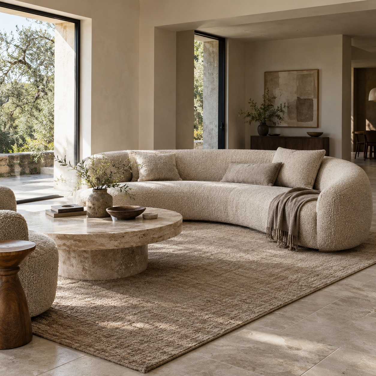 Curved oatmeal sofa contrasting with straight plaster walls and a limestone floor