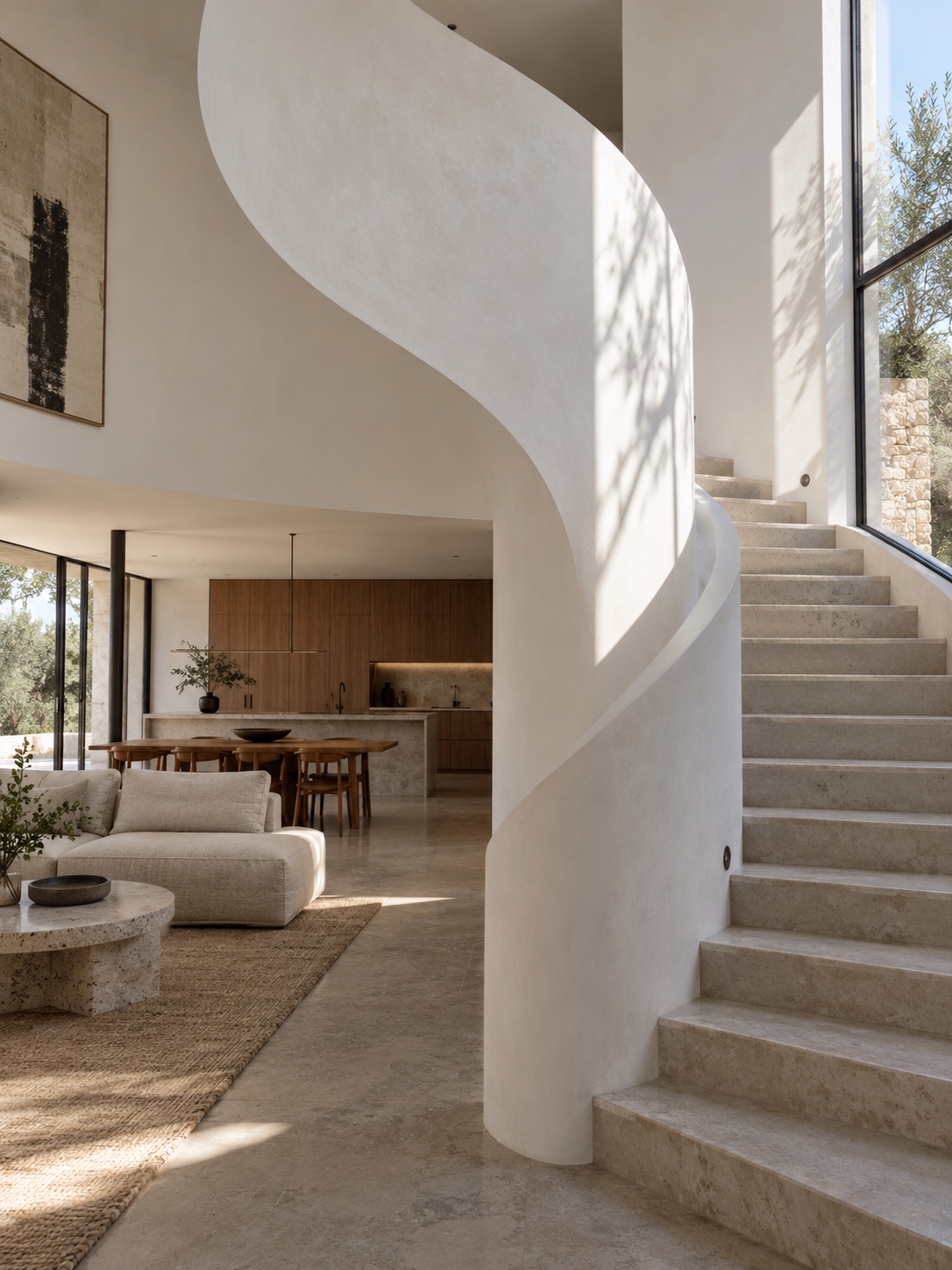 Curved plaster staircase wall Curved white plaster wall wrapping around a staircase beside a tall window | Sky Rye Design Curved white plaster wall wrapping around a staircase beside a tall window