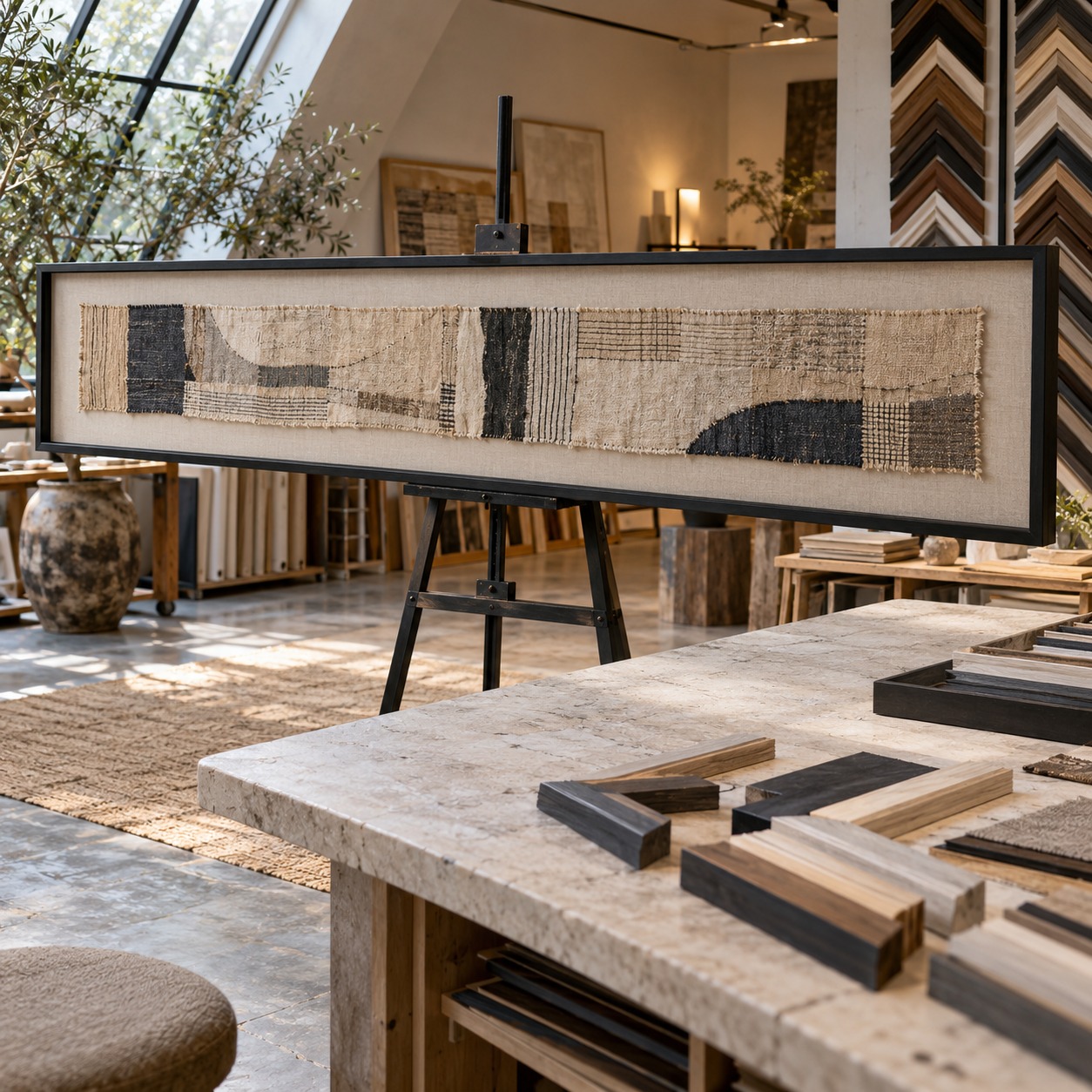Panoramic textile displayed in a made-to-measure dark shadow-box frame