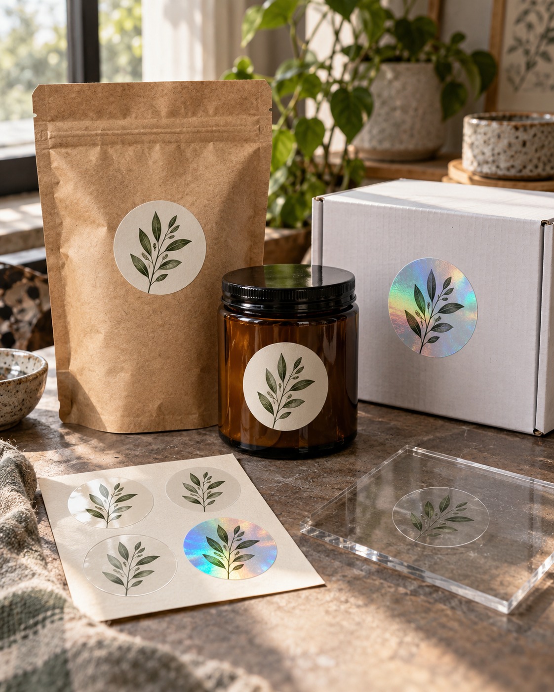 Custom Sticker Finish Variety for Packaging Glossy, matte, clear, holographic and paper stickers applied to product packaging | Sky Rye Design Glossy, matte, clear, holographic and paper stickers applied to product packaging