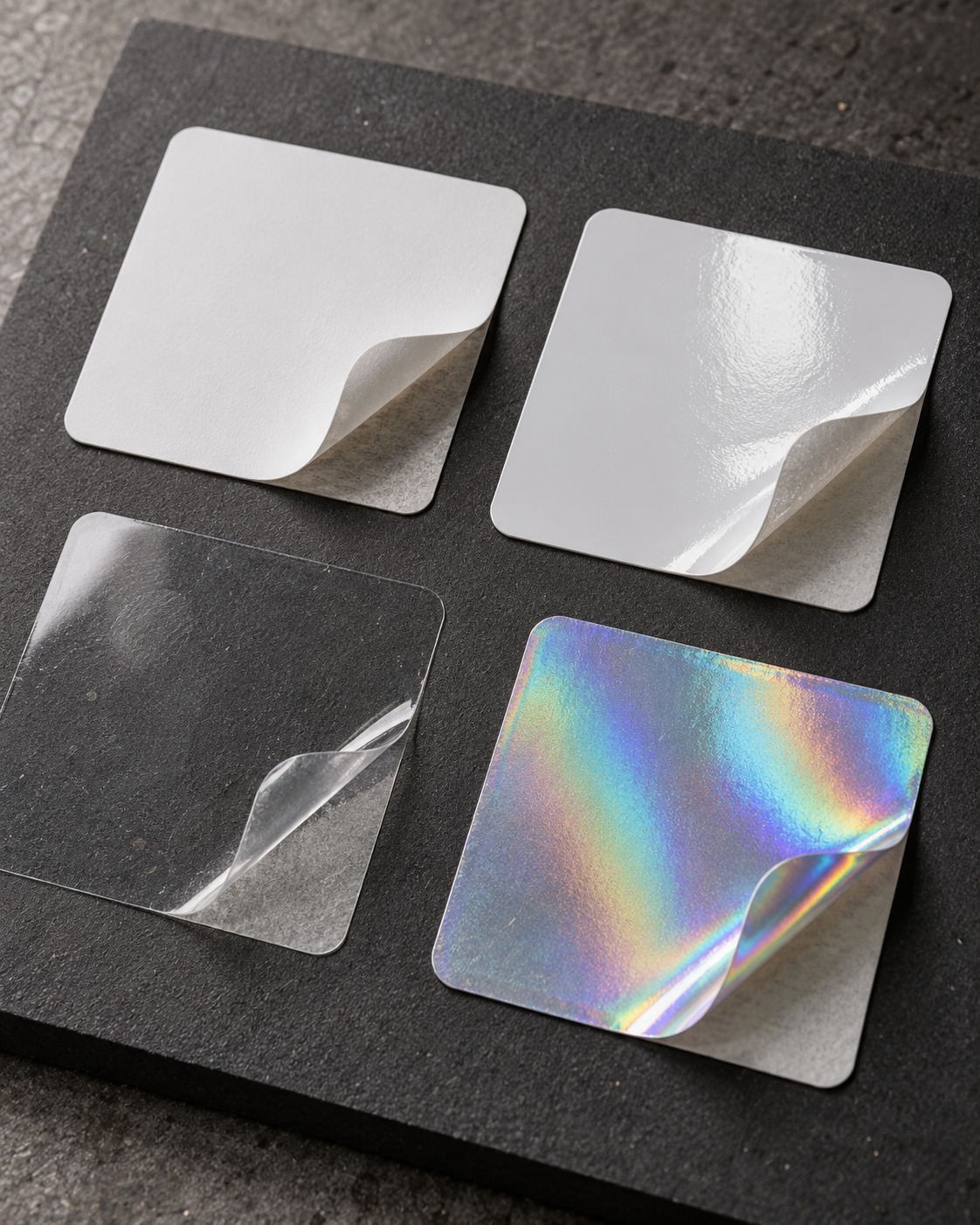 Custom Sticker Material and Finish Comparison Matte, glossy, clear and holographic custom sticker materials arranged on a sample board | Sky Rye Design Matte, glossy, clear and holographic custom sticker materials arranged on a sample board