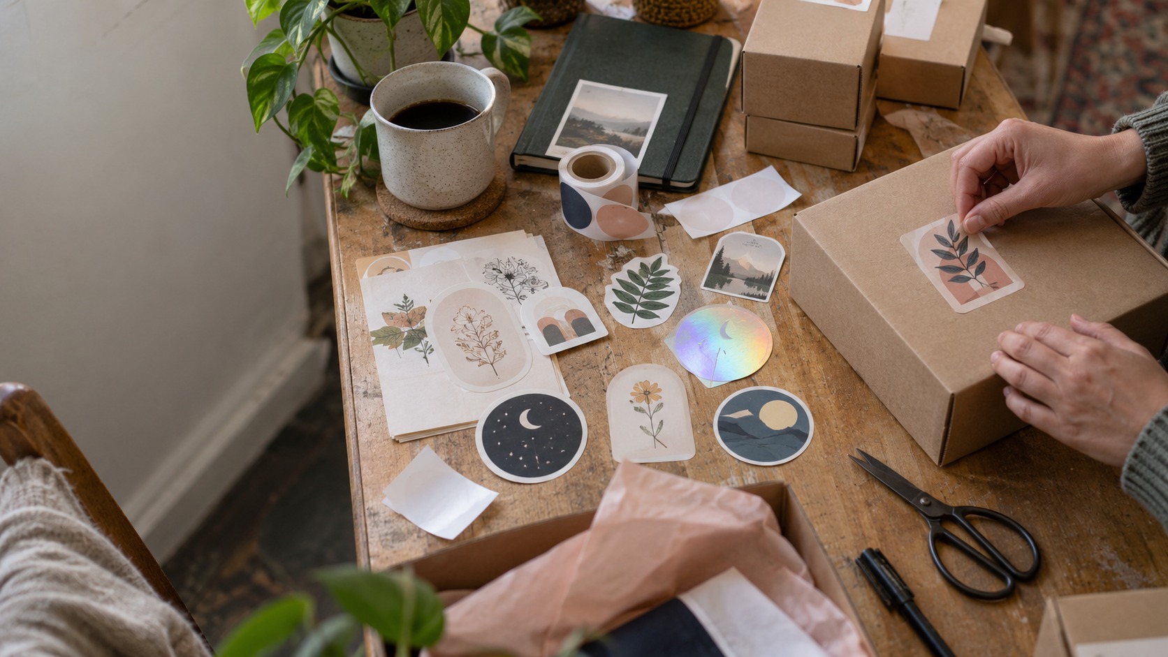 Custom Sticker Printing for Small Businesses Creator applying a custom sticker to a kraft shipping box beside vinyl and label samples | Sky Rye Design Creator applying a custom sticker to a kraft shipping box beside vinyl and label samples