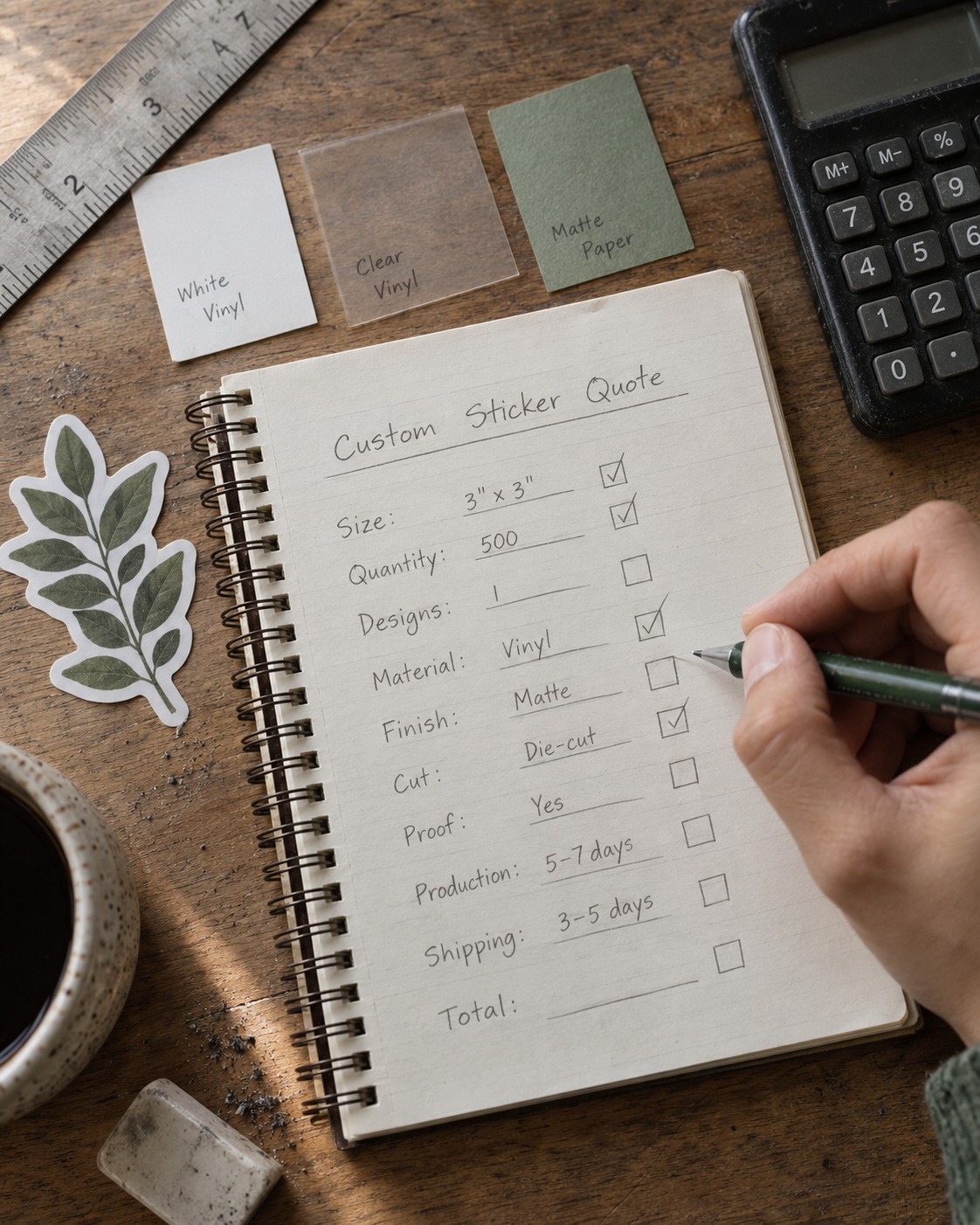 Custom Sticker Quote Comparison Checklist Handwritten checklist for comparing custom sticker size, quantity, finish, proof and shipping | Sky Rye Design Handwritten checklist for comparing custom sticker size, quantity, finish, proof and shipping