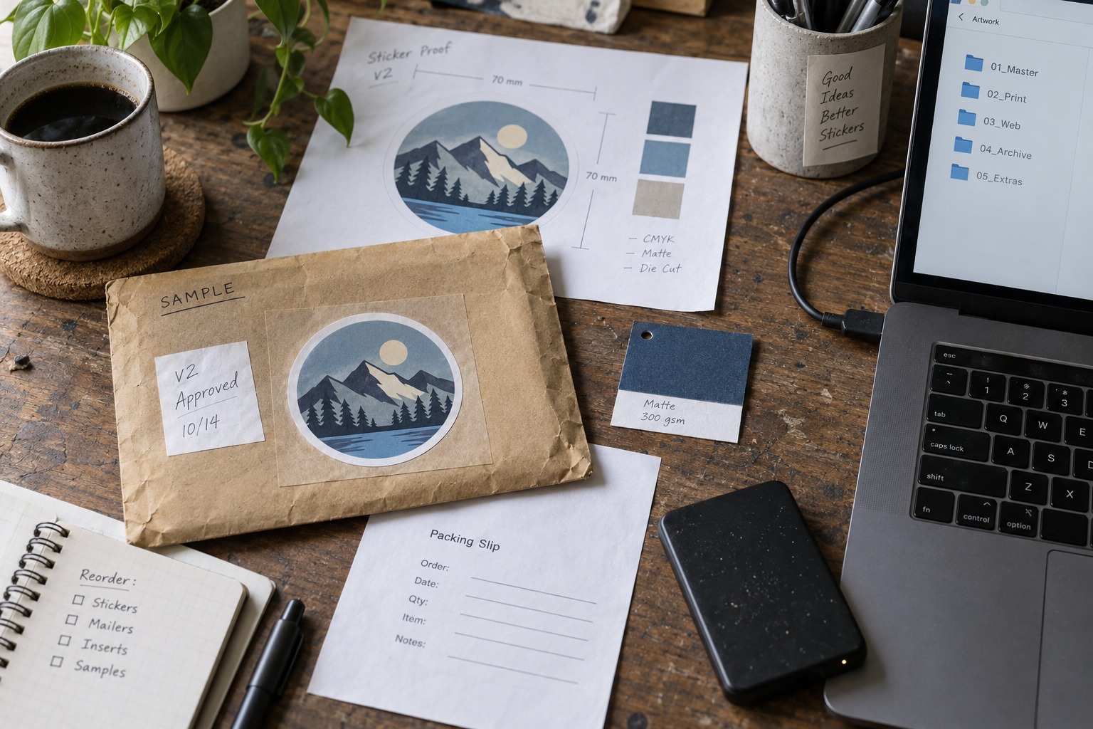 Custom Sticker Repeat-Order Archive Approved sticker sample, proof sheet, material swatch and artwork archive on a desk | Sky Rye Design Approved sticker sample, proof sheet, material swatch and artwork archive on a desk