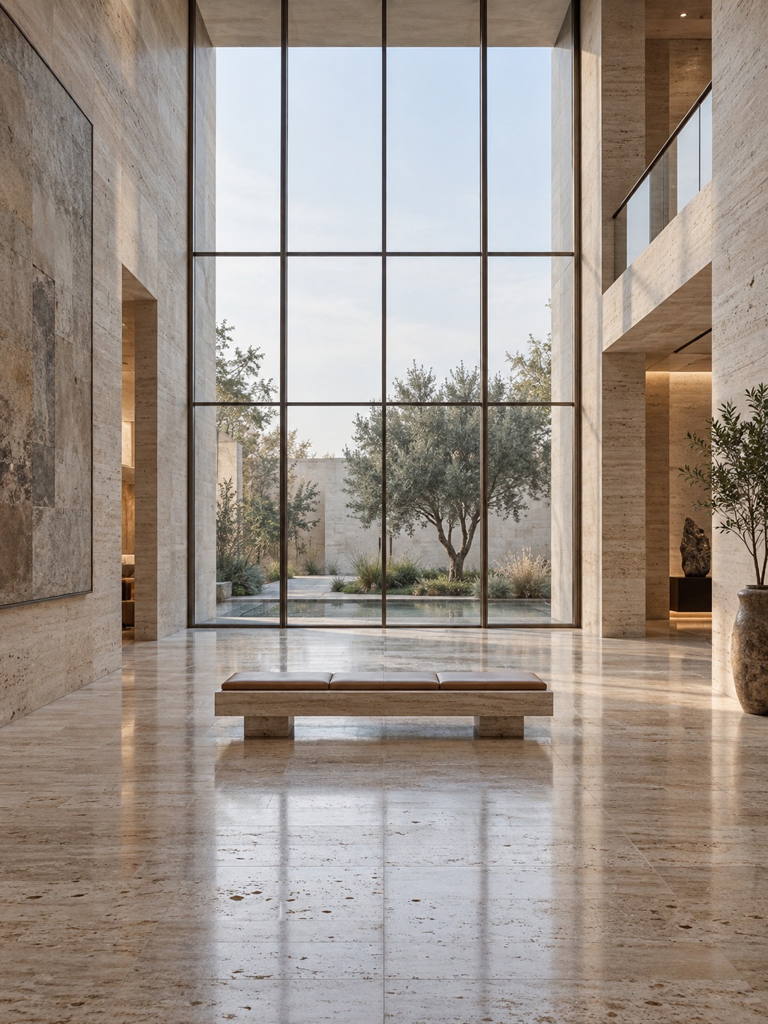 Even daylight in a glazed atrium with a stone floor and bench