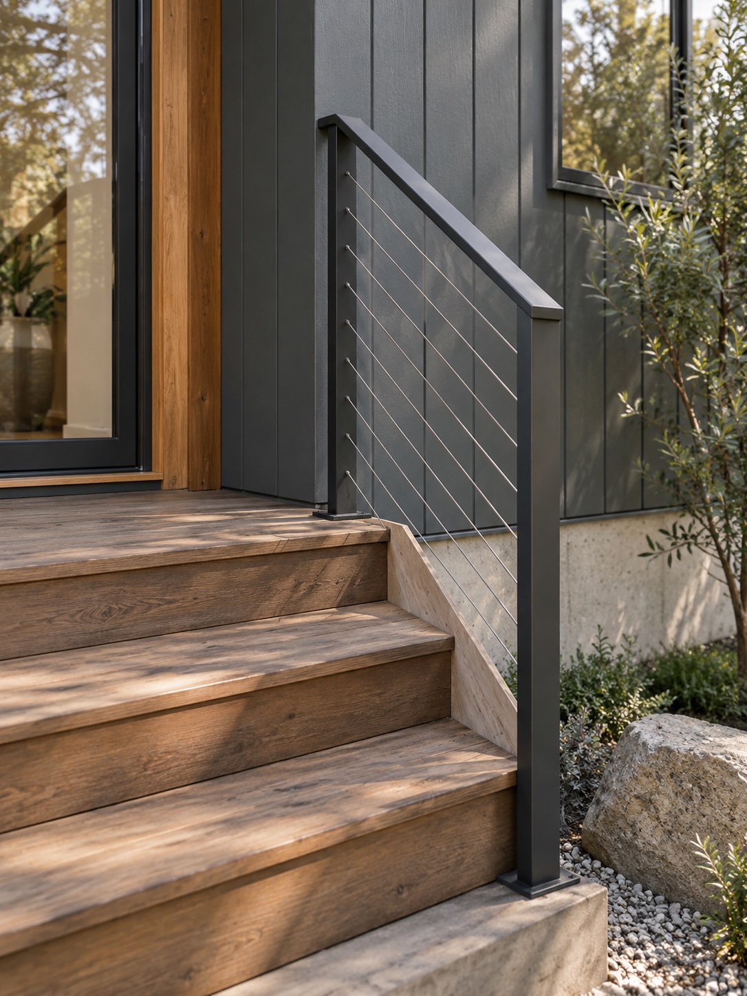 Deck Stair and Railing Transition Modern deck stair and railing transition beside a sleek house facade | Sky Rye Design Modern deck stair and railing transition beside a sleek house facade