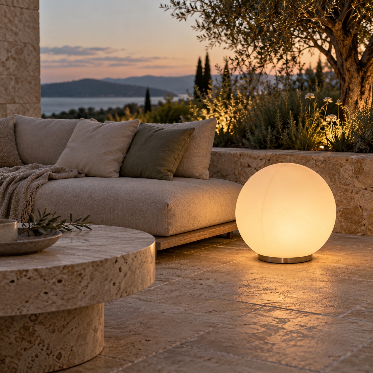 Decorative glowing globe beside an ultra-modern outdoor sofa