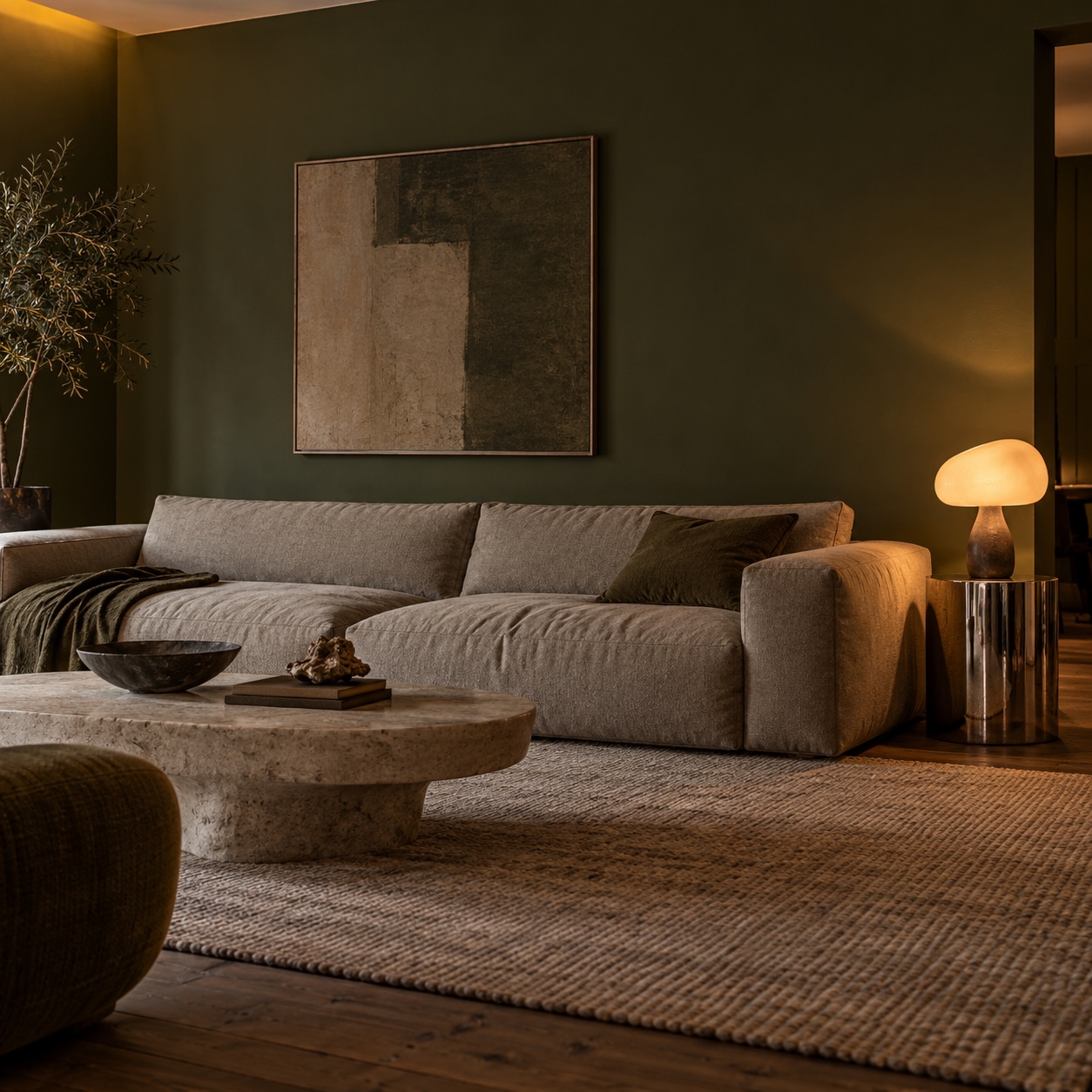 Deep muted olive lounge with a stone-toned sofa, chrome side table and sculptural lamp