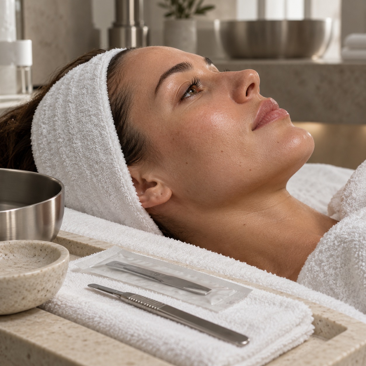 Dermaplaning facial preparation Sterile dermaplaning tool prepared beside a cleansed cheek | Sky Rye Design Sterile dermaplaning tool prepared beside a cleansed cheek