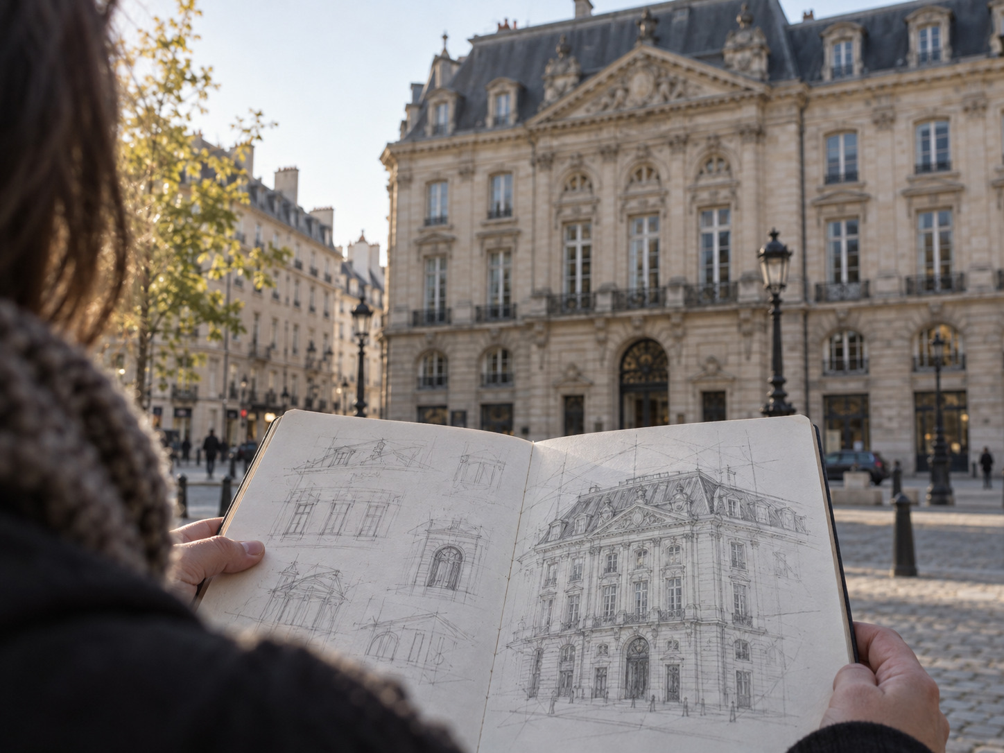 Sketchbook with a loose facade study held in front of the building