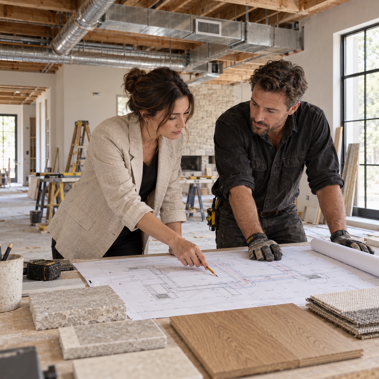Designer and HVAC Specialist Review a Ceiling Plan Interior designer and HVAC specialist reviewing a ceiling and duct plan | Sky Rye Design Interior designer and HVAC specialist reviewing a ceiling and duct plan