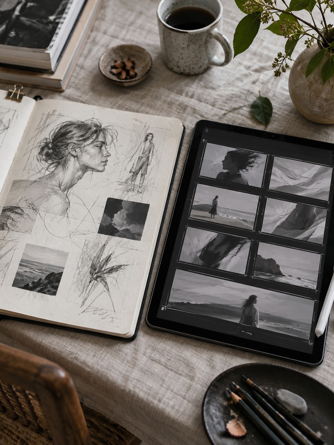Sketchbook beside a motion storyboard Open designer sketchbook beside a tablet displaying a motion storyboard | Sky Rye Design Open designer sketchbook beside a tablet displaying a motion storyboard