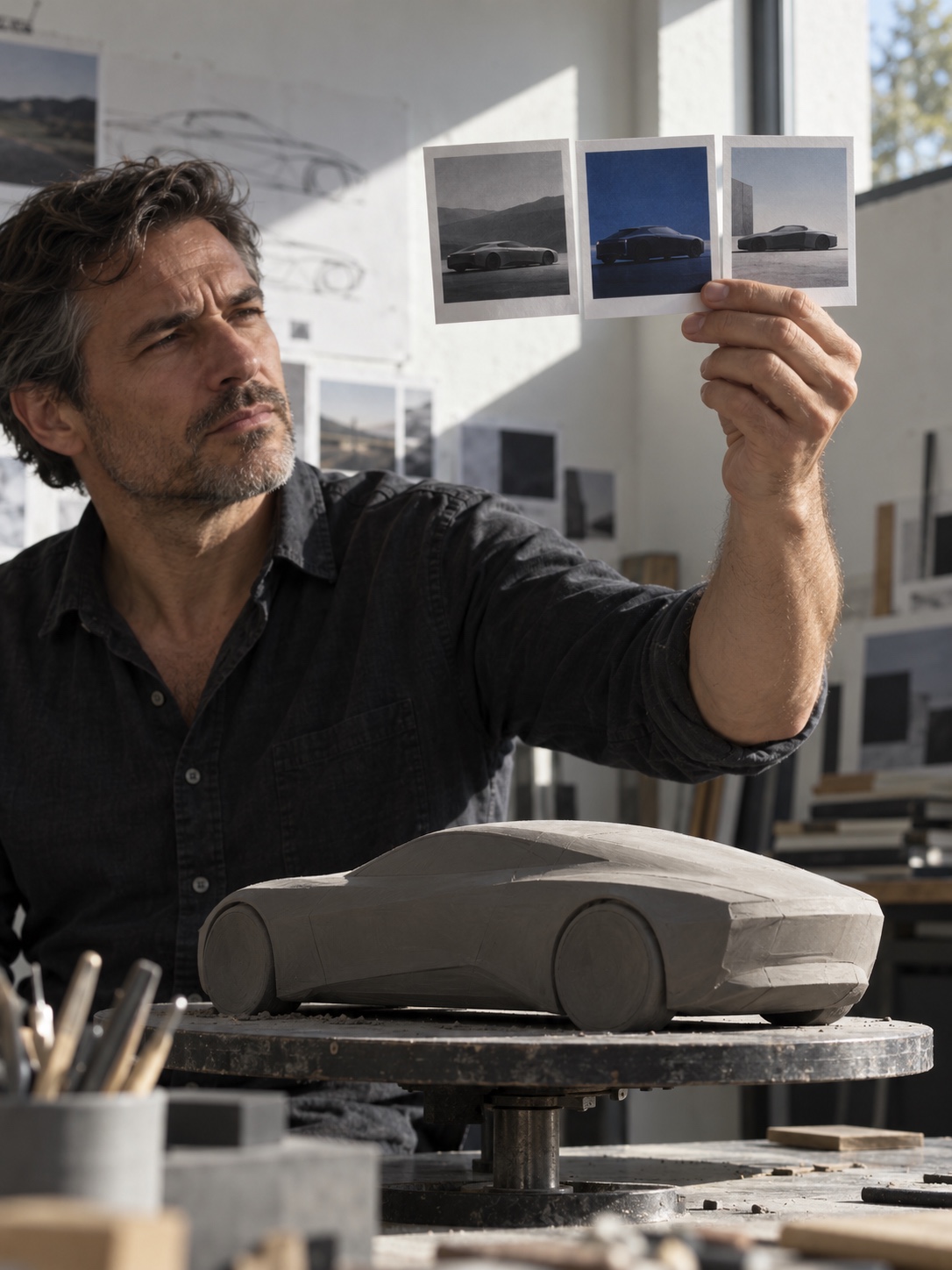 The silhouette test Designer holds tiny printed cover thumbnails at arm's length, comparing them against a small clay car model on a modeling stand | Sky Rye Design Designer holds tiny printed cover thumbnails at arm's length, comparing them against a small clay car model on a modeling stand