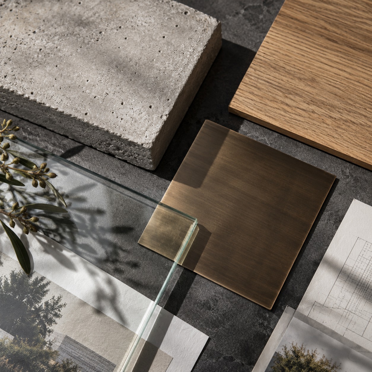 Development construction material samples Concrete, oak veneer, bronze and glass samples on a dark work surface | Sky Rye Design Concrete, oak veneer, bronze and glass samples on a dark work surface