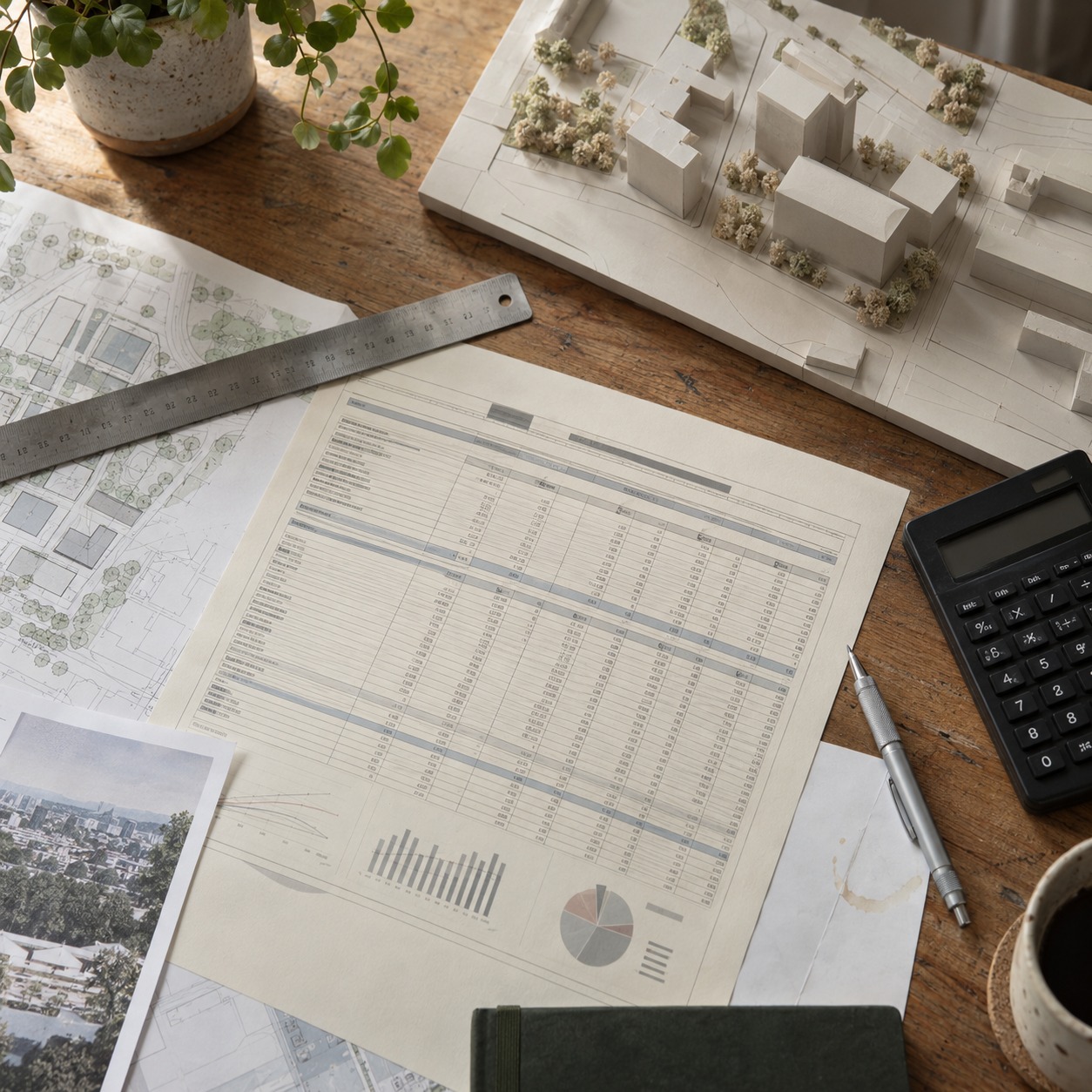 Development feasibility cost plan calculator Printed project cost plan beside a calculator, ruler and small site model | Sky Rye Design Printed project cost plan beside a calculator, ruler and small site model