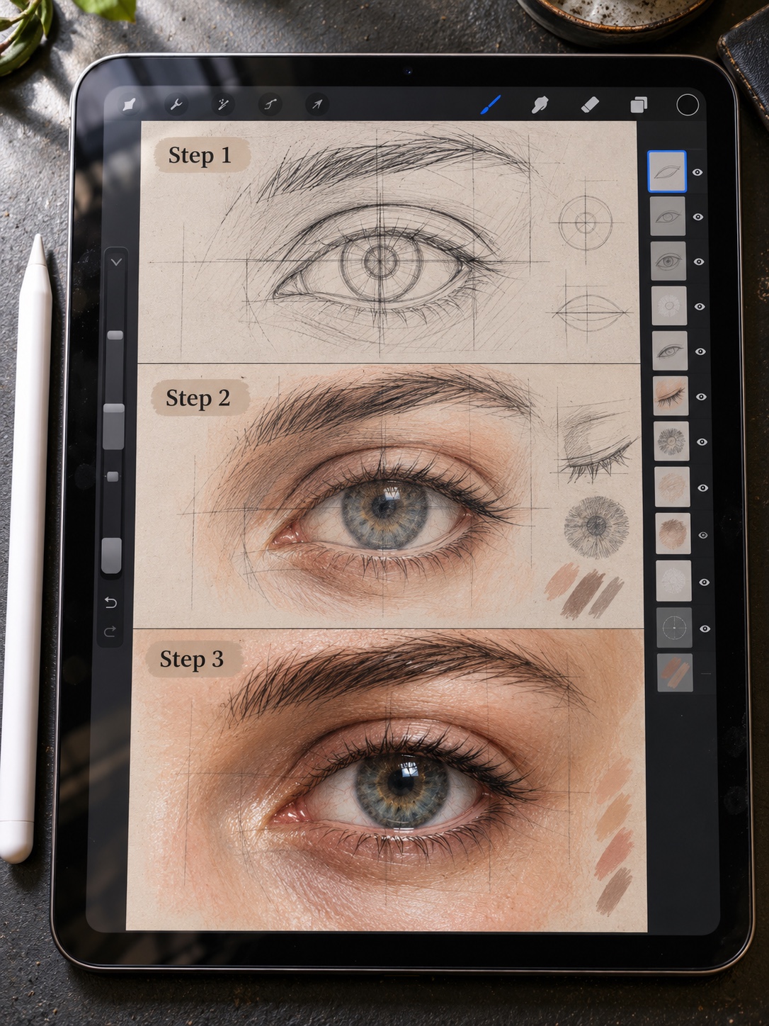 Digital Art Brush Control Eye Tutorial Three-step digital art tutorial on an iPad showing construction, refinement, and a finished realistic eye | Sky Rye Design Three-step digital art tutorial on an iPad showing construction, refinement, and a finished realistic eye