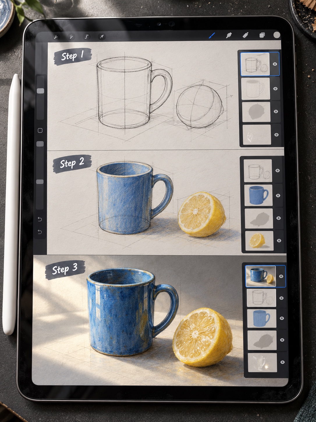 Three-step iPad drawing tutorial showing sketch, colour layers, shadows, and highlights on a blue mug and lemon