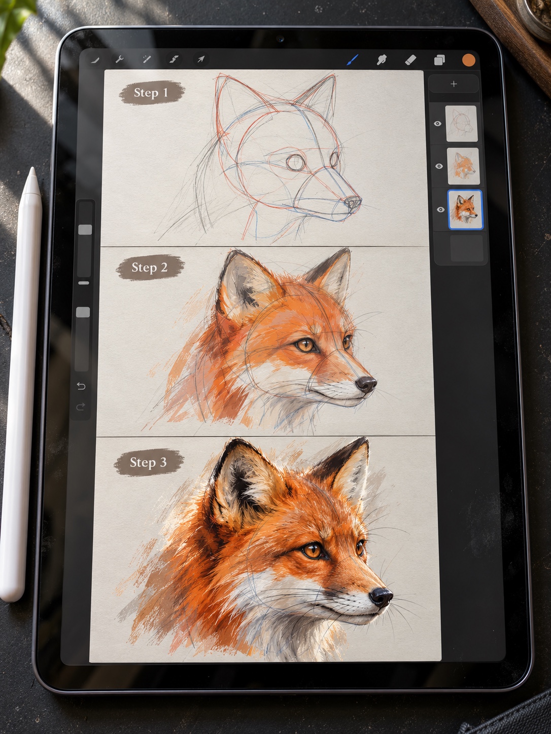 Three-step digital fox drawing tutorial on an iPad progressing from geometric construction to finished colour