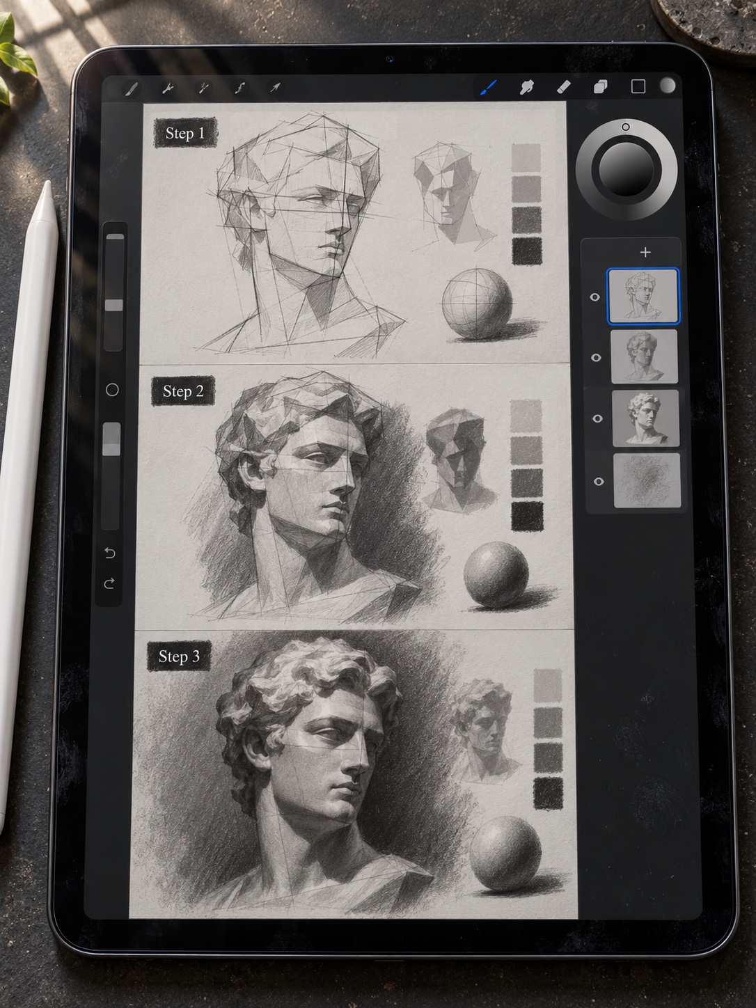 Three-step monochrome digital value tutorial on an iPad showing construction, shadow masses, and a finished classical bust
